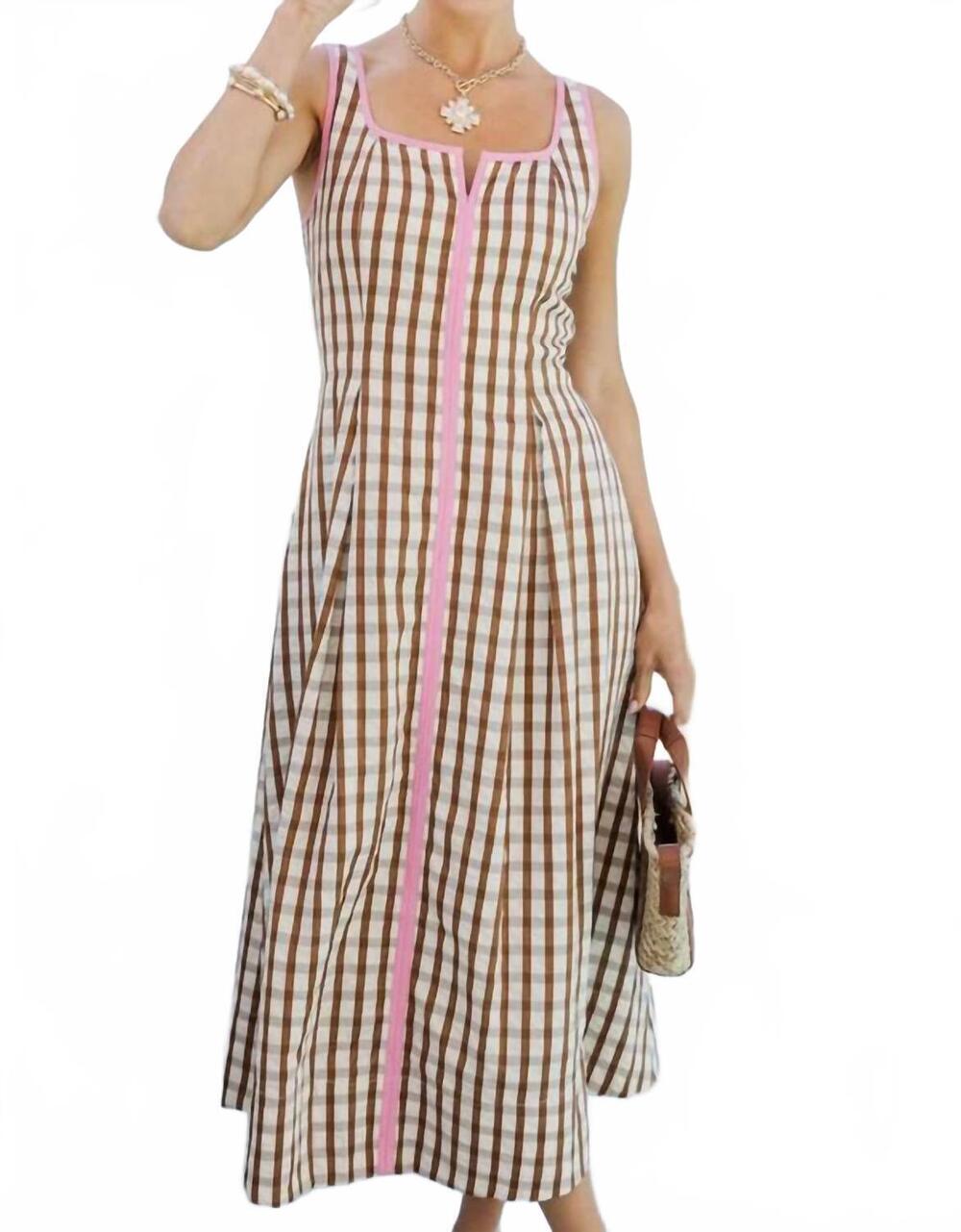 NEW THML thin strap midi dress in brown gingham - Picture 7 of 9